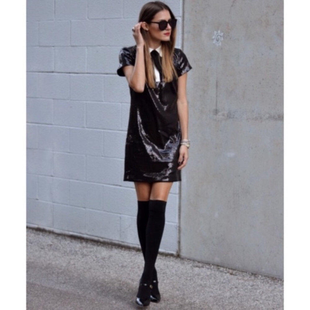 Ann Taylor black sequin mini dress w/ ivory collar